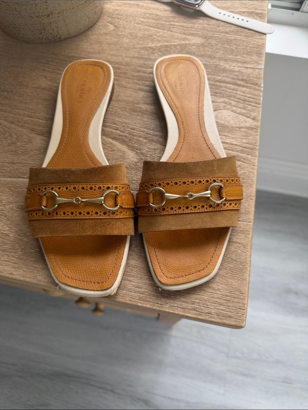 Women's Tan Suede-Look Slide Mules with Gold Bit Accent